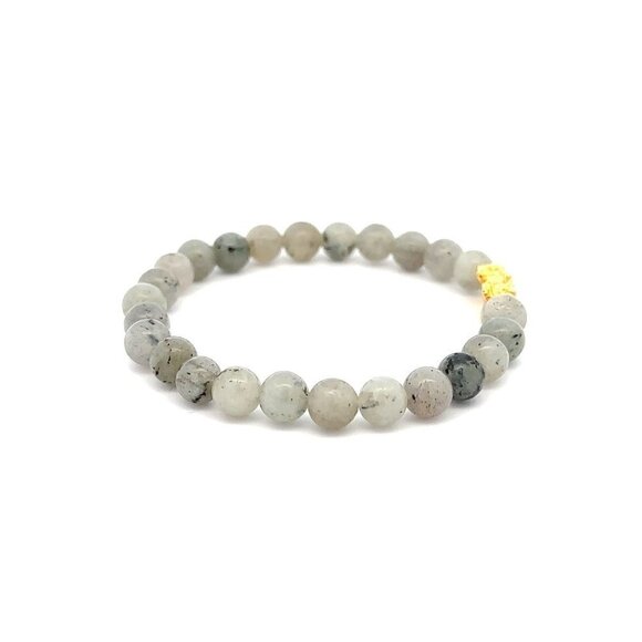 18K Gold Pixiu Piyao Bracelet Elastic Natural Gemstones Labradorite 6mm - Picture 3 of 5